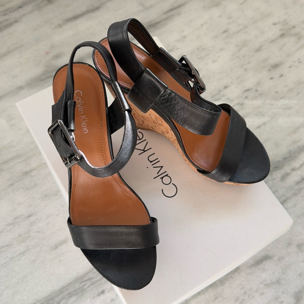 Calvin Klein Nikole Burnished Leather Cork Platform Wedge Buckle Sandal